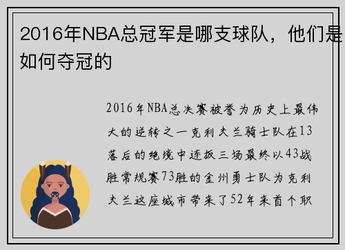 2016年NBA总冠军是哪支球队，他们是如何夺冠的